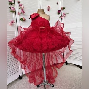 Girls red high-low dress with detachable train
